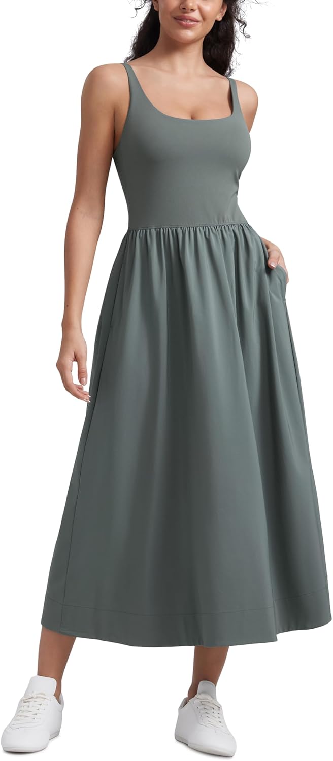 Square Neck Maxi Dress for Women - Flowy Sleeveless Padded Travel Casual Outfits with Side Pockets