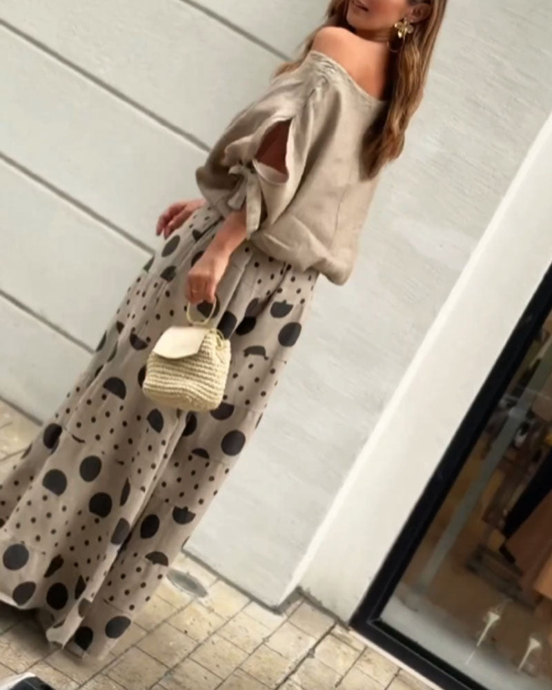 Casual Shoulder Top & Printed Pants Two-Piece Set-thevervian