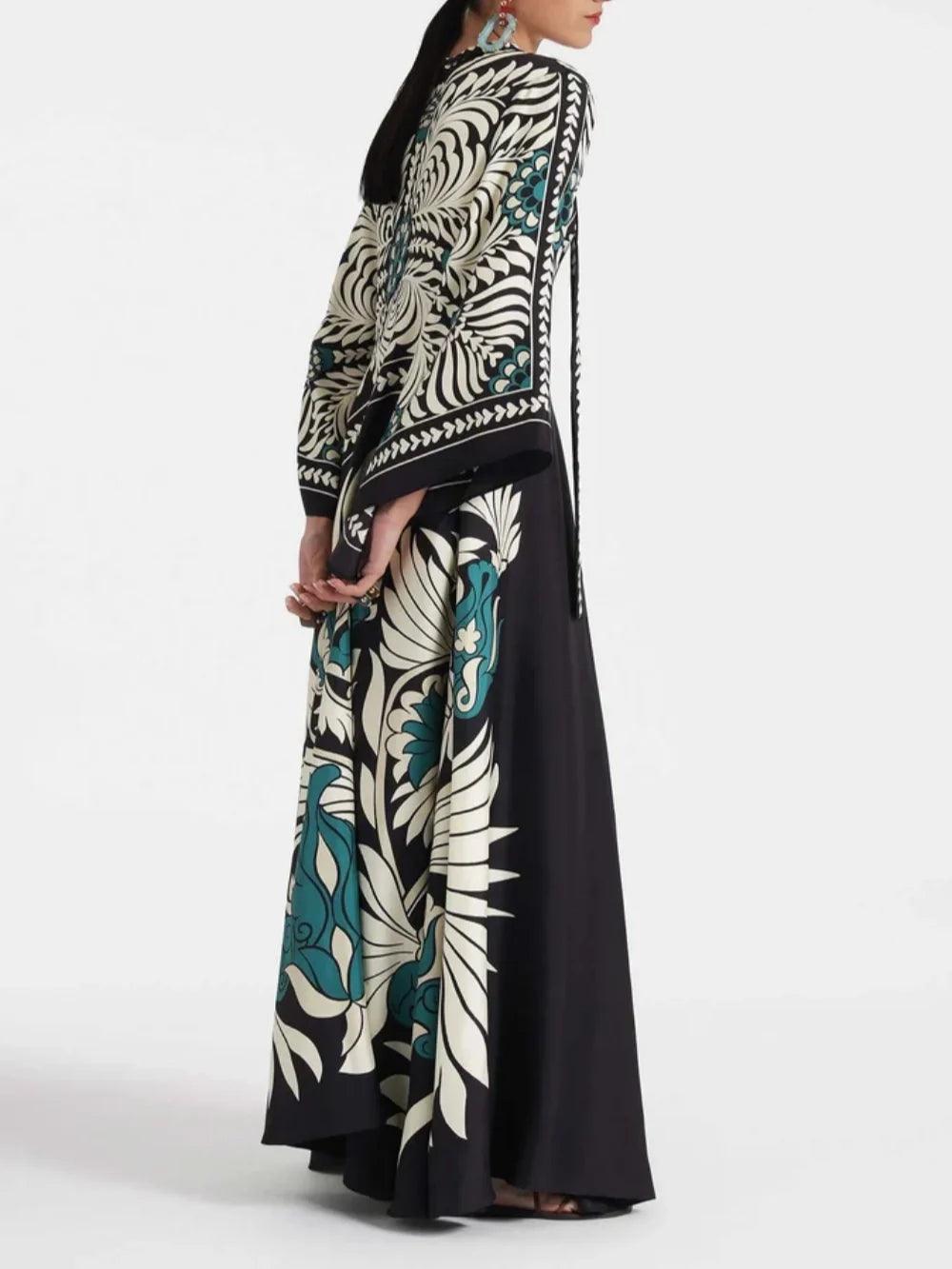 Elegance Floral Print Waterfall Sleeves Maxi Dress-thevervian