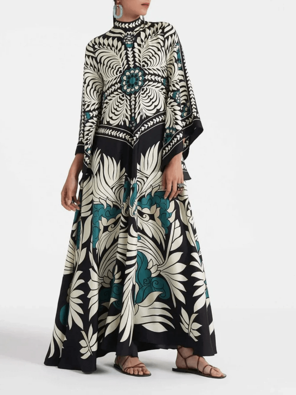 Elegance Floral Print Waterfall Sleeves Maxi Dress-thevervian