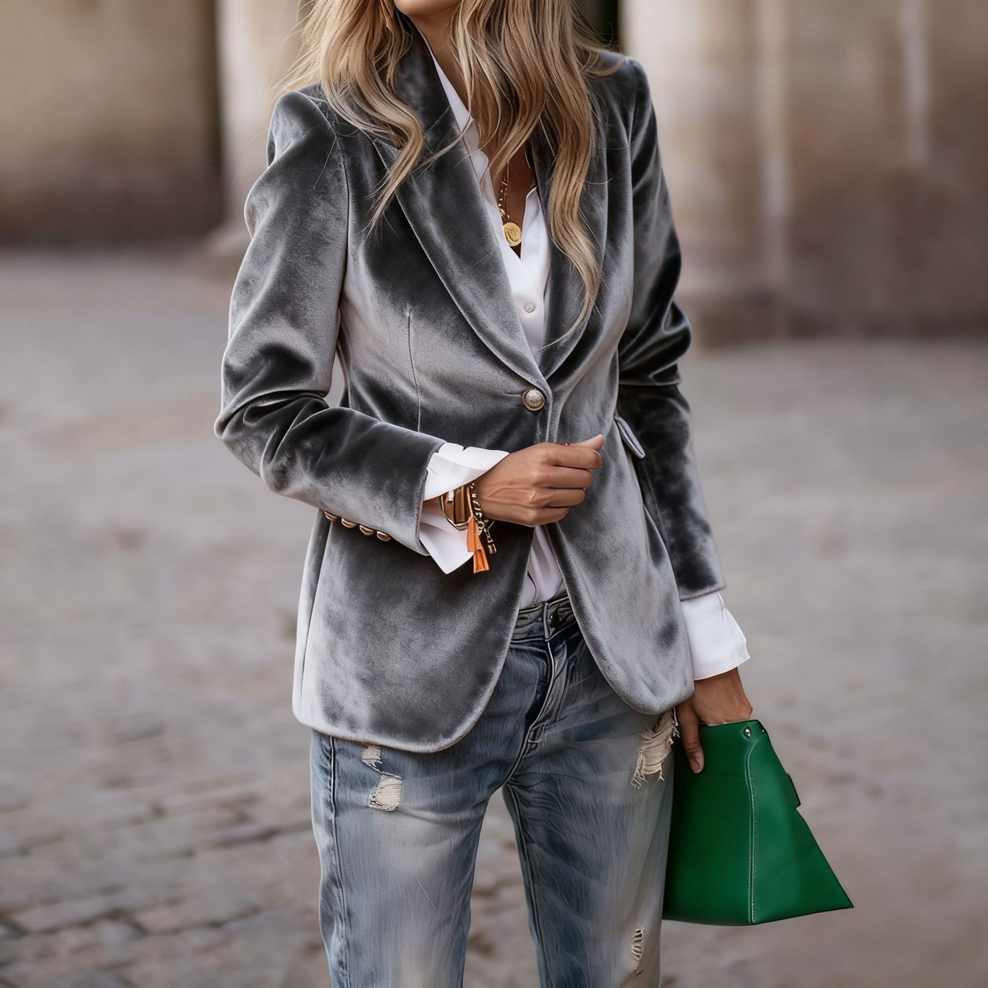 Elegant Velvet Slim-fit Faux Pocket Suit Jacket-thevervian