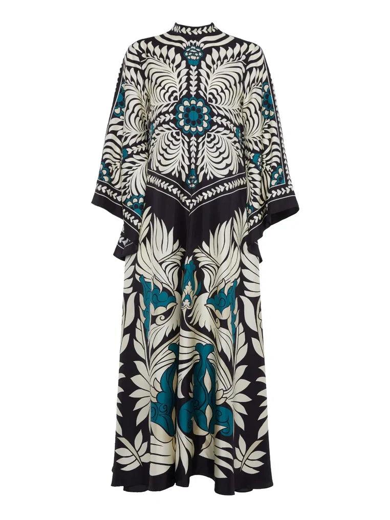 Elegance Floral Print Waterfall Sleeves Maxi Dress-thevervian