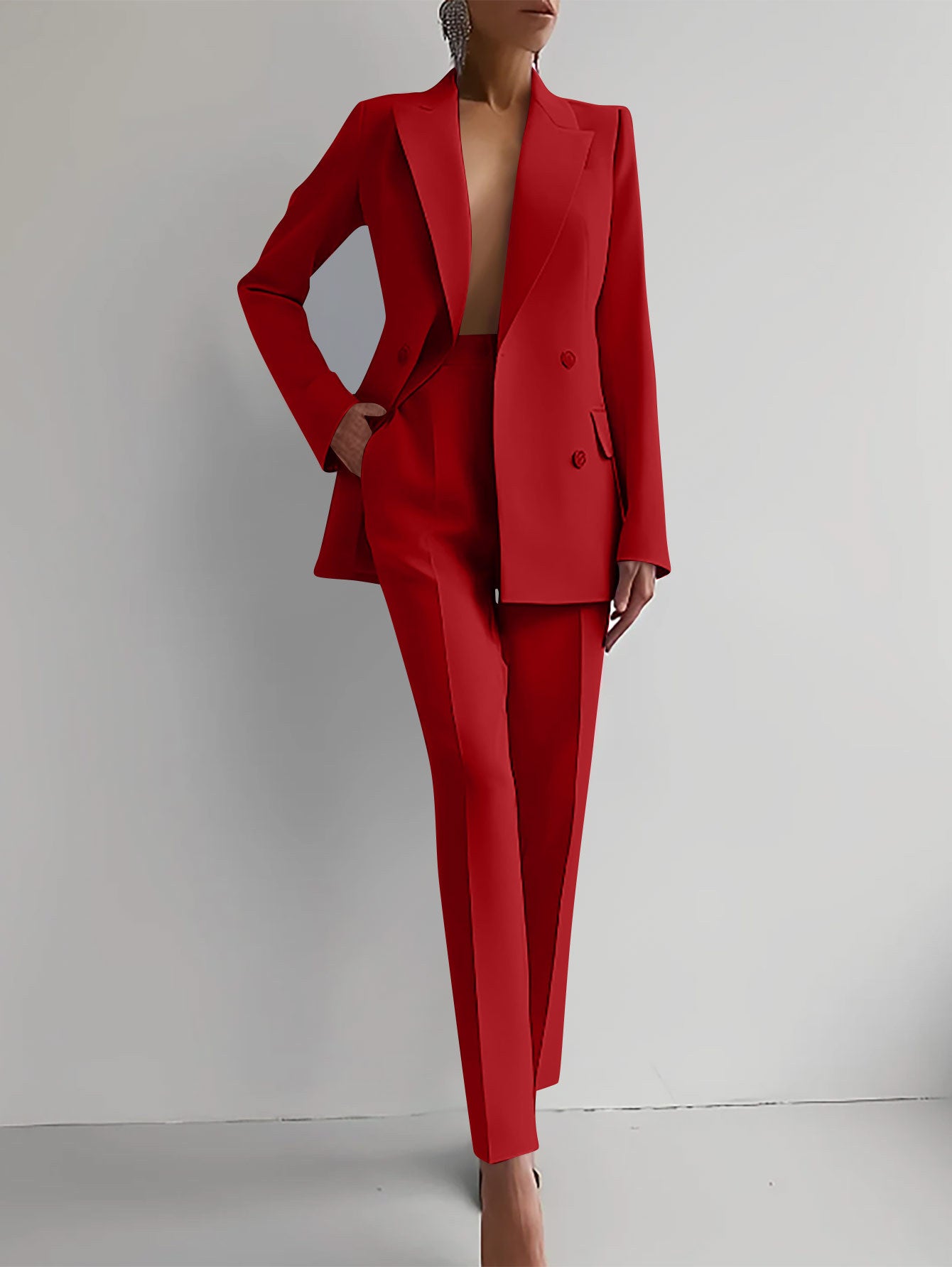 Casual Commuting Solid Color Blazer & High Waist Pants Set-thevervian