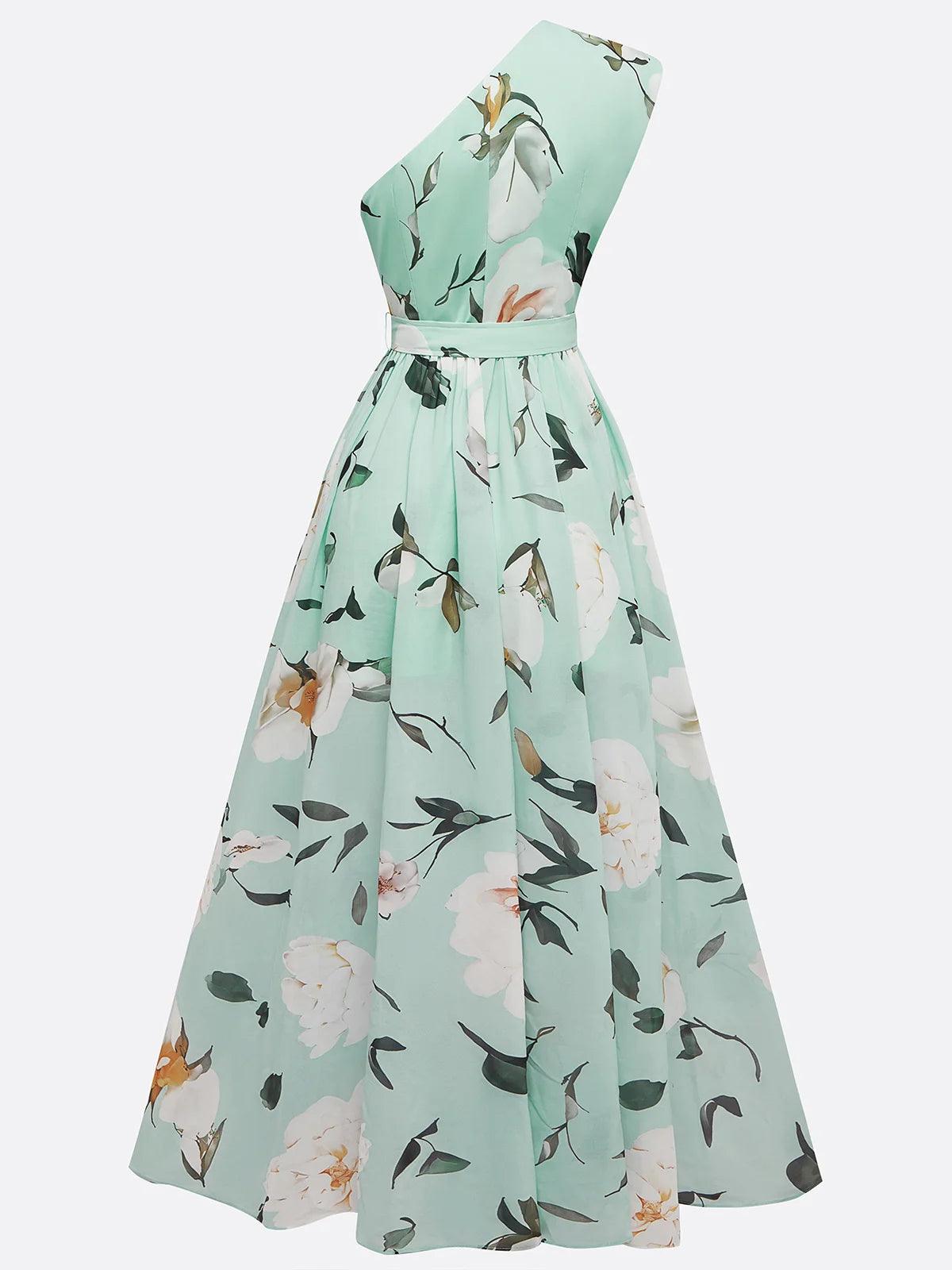 Light Green Floral Ruched One Shoulder A-Line Maxi Chiffon Dress-thevervian