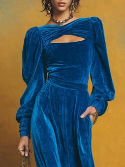 Retro-style velvet maxi dress with open neckline and puff hem-thevervian