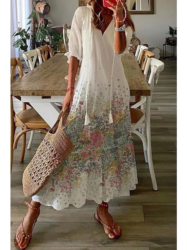 Casual Loose V-neck Printed  Long Dress-thevervian