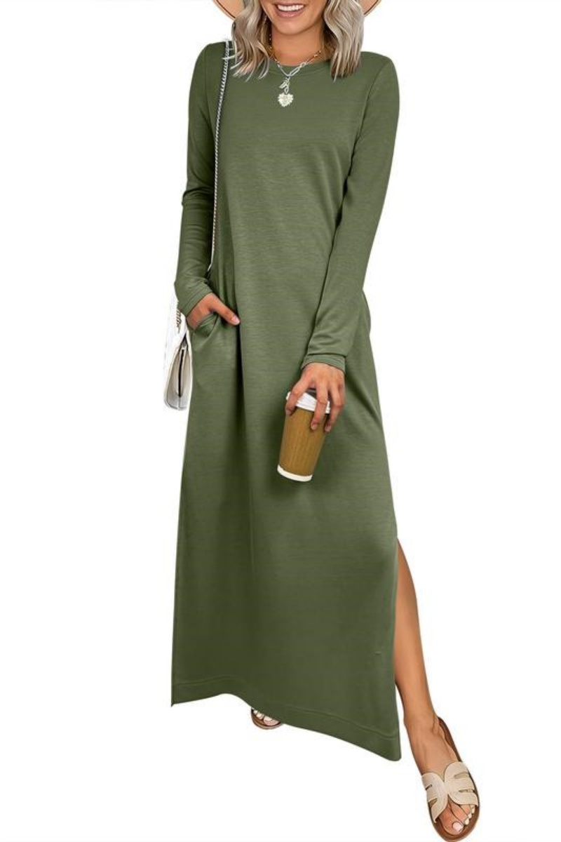 Women Casual Crewneck Loose Fit Split Flowy Wrinkle-Free Travel Vacation Maxi Dress