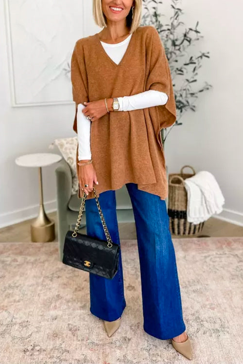 Chicest V Neck Loose Fit Solid Poncho Sweater-thevervian