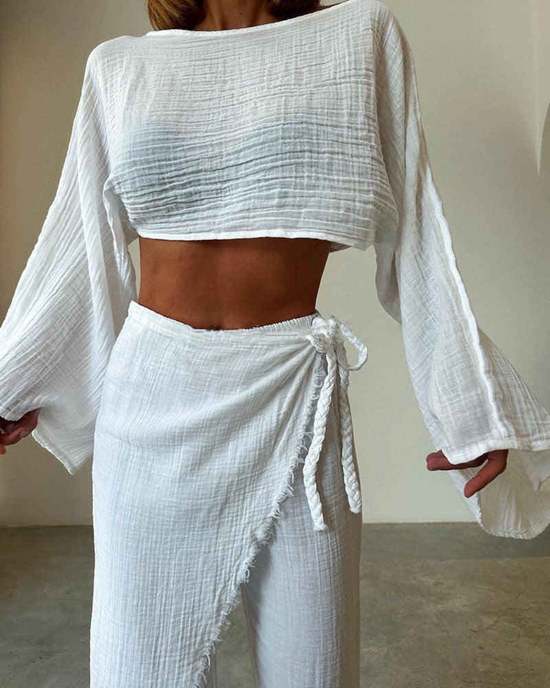Woven lace-up cotton and linen two-piece set-thevervian
