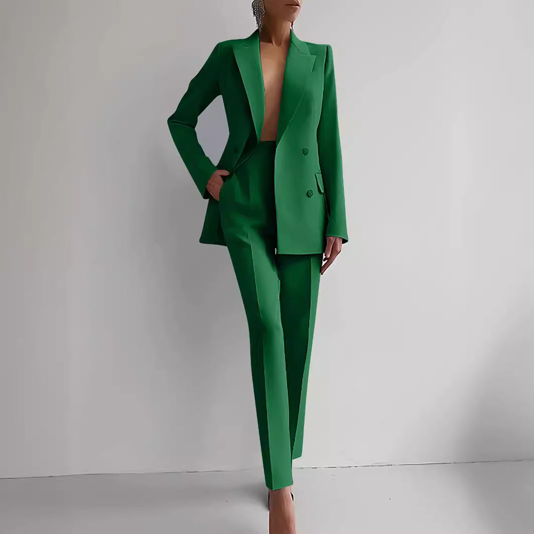 Casual Commuting Solid Color Blazer & High Waist Pants Set-thevervian