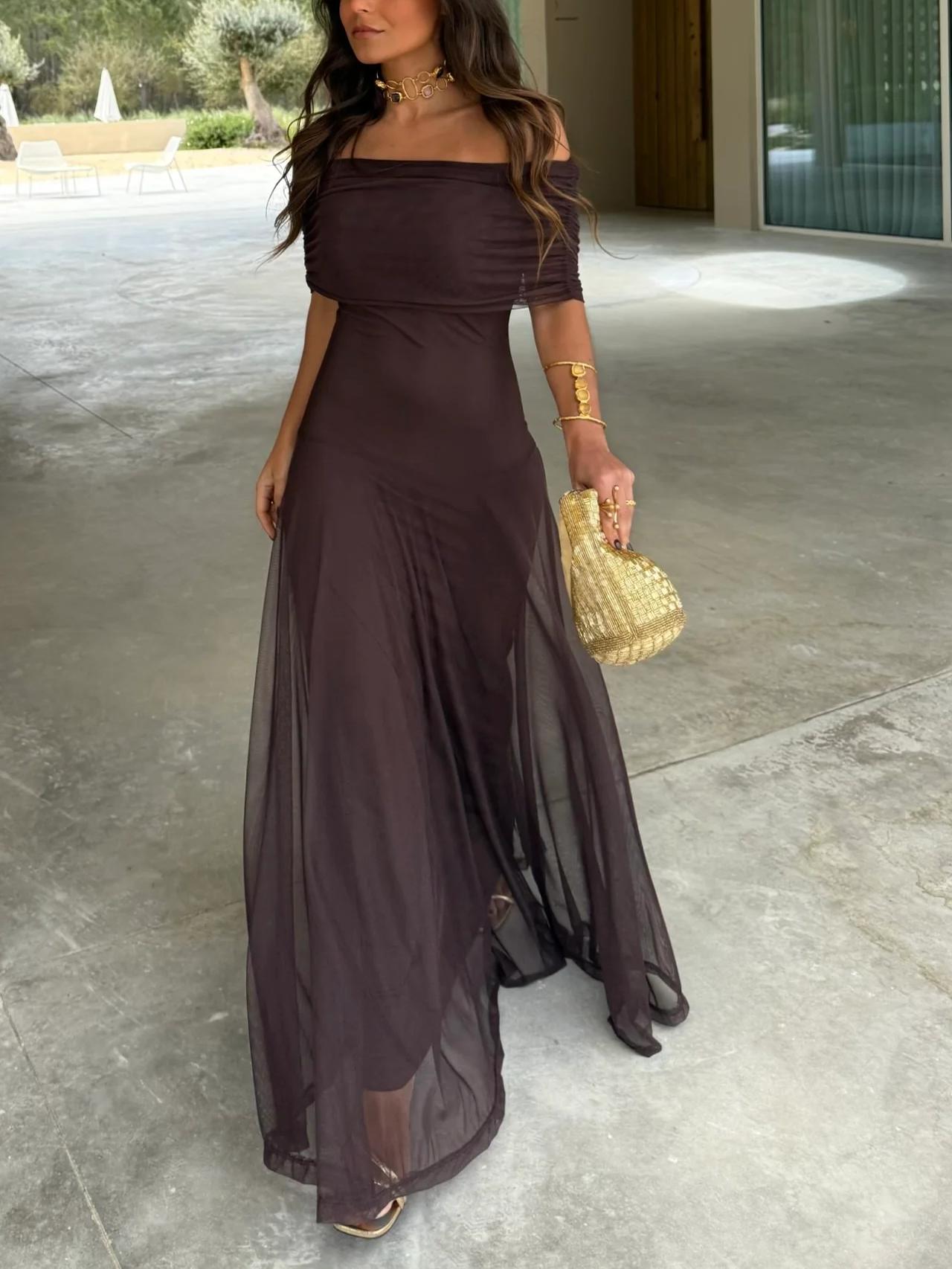 Brown One Shoulder Mesh Maxi Dress-thevervian
