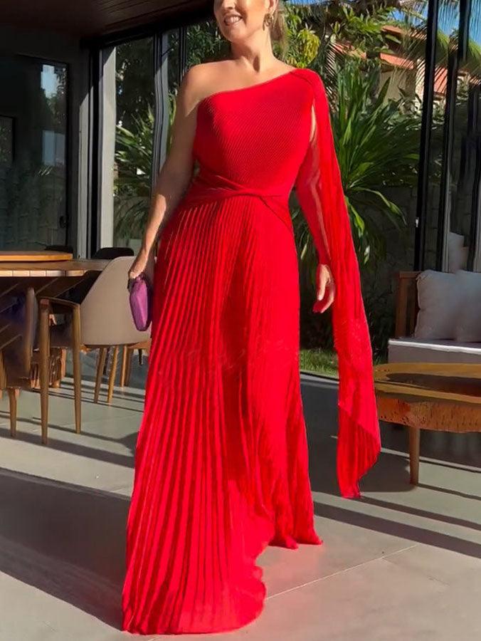 Elegant Flowing Pleated Off-the-Shoulder Maxi Dress-thevervian