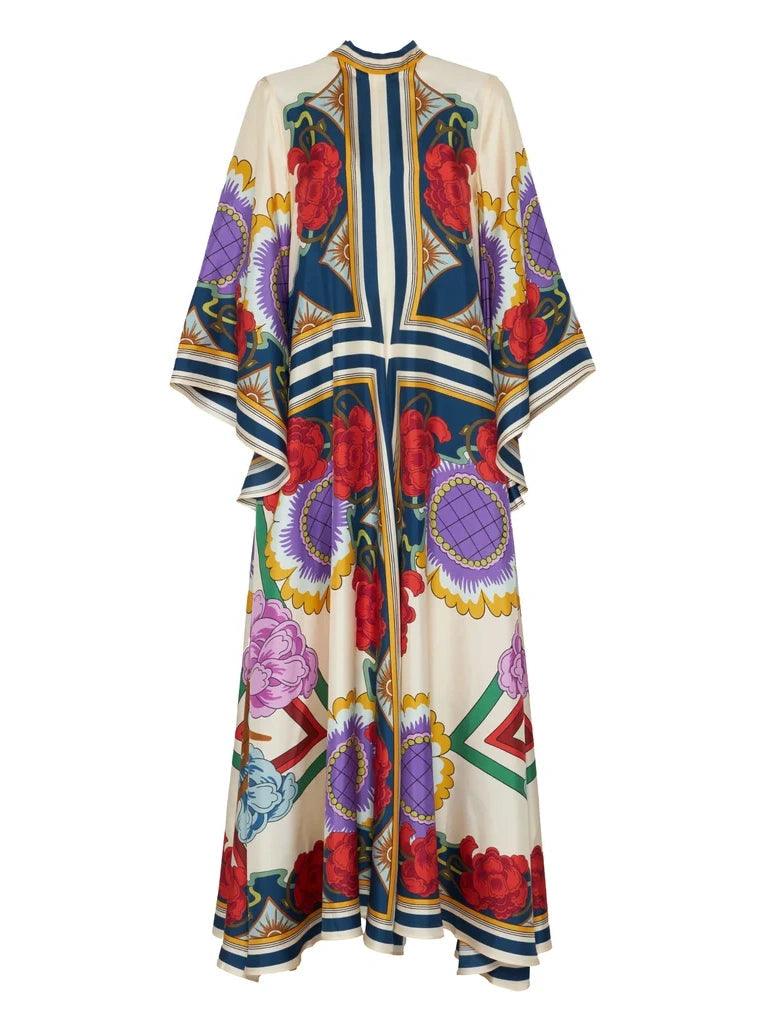 Exquisite Floral Print Draped Waterfall Sleeves Maxi Dress-thevervian