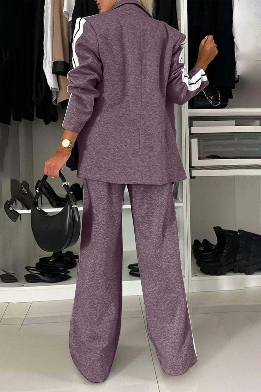 Contrast Lapel Collar Top and Pants Set-thevervian