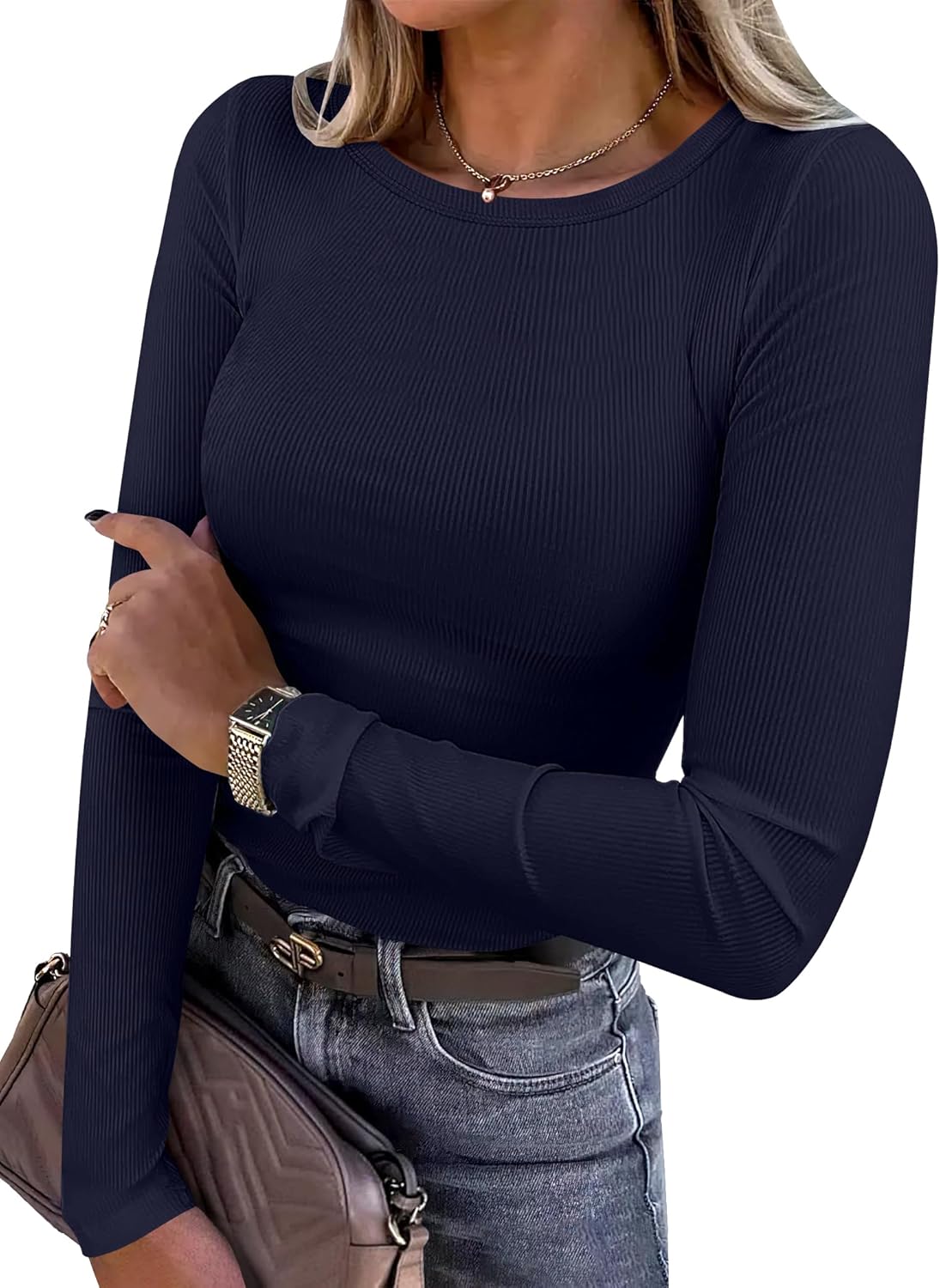 ANRABESS Women Long Sleeve Shirts Rib Knit Slim Fit Tops Basic Tee 2025 Fall Outfits Casual T-Shirt Underscrubs Layer Clothes