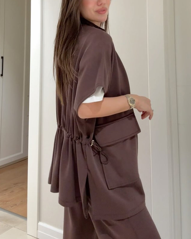 Casual Waist Stretch Detail Top & Pants Two-Piece Set-thevervian