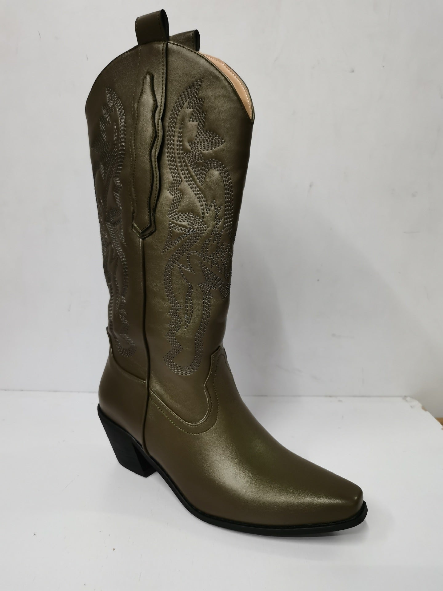 Embroidered Pointed Toe Thick Heel Western Boots-thevervian