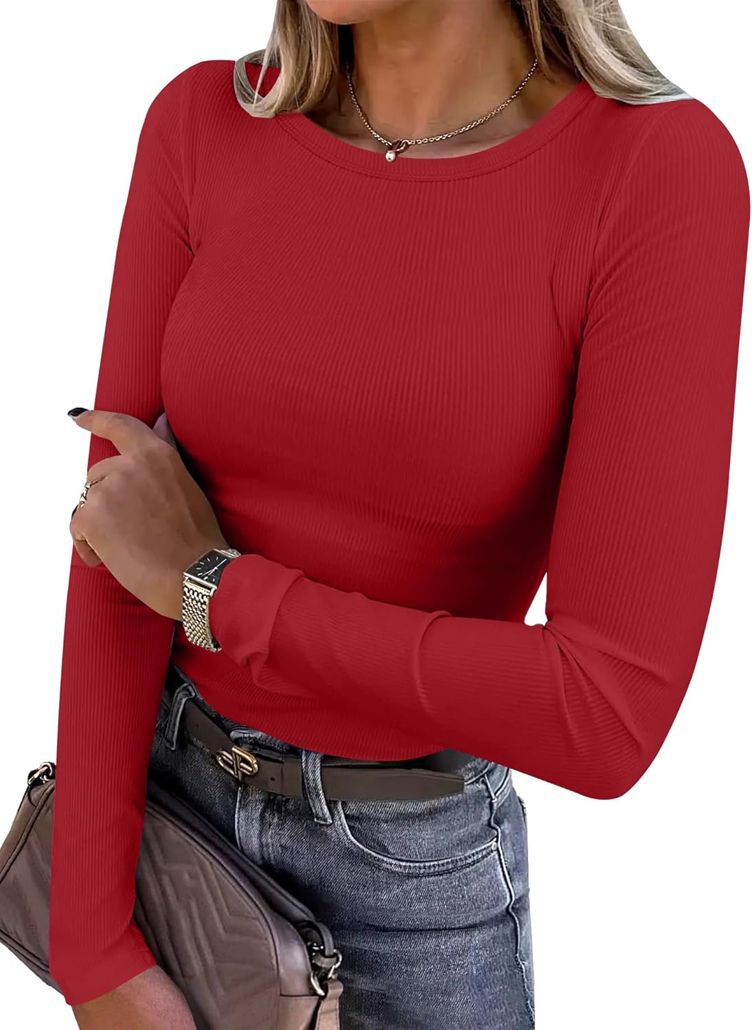 ANRABESS Women Long Sleeve Shirts Rib Knit Slim Fit Tops Basic Tee 2025 Fall Outfits Casual T-Shirt Underscrubs Layer Clothes