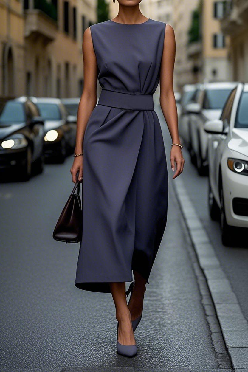 Elegant Solid Color Waist Dress-thevervian