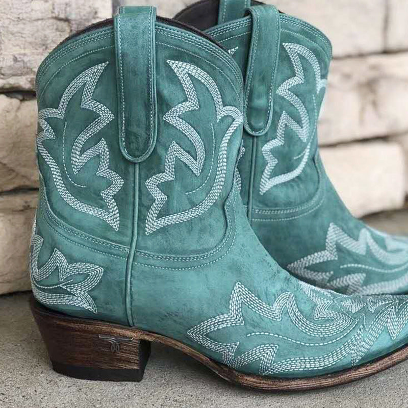 Vintage Embroidered Block Heel Short Western Boots-thevervian