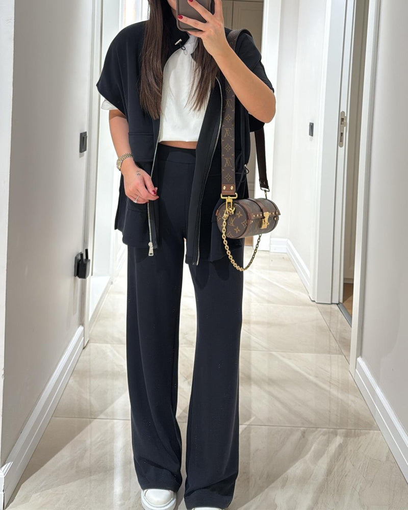 Casual Waist Stretch Detail Top & Pants Two-Piece Set-thevervian