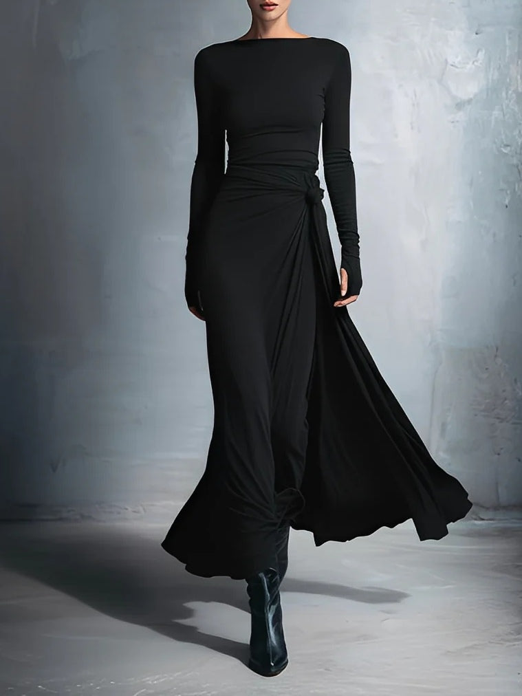 Grey Sophisticated Jersey Knit Wrap Knot Maxi Dress-thevervian