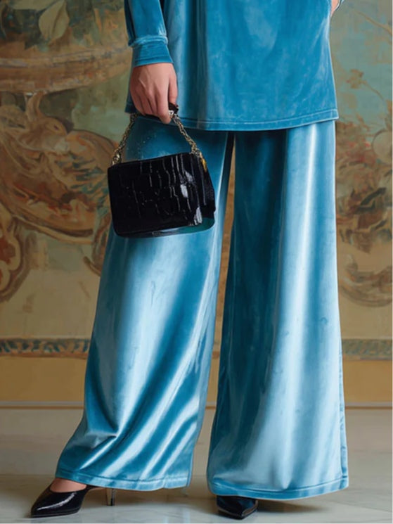 High-neck blue velvet loose casual set-thevervian