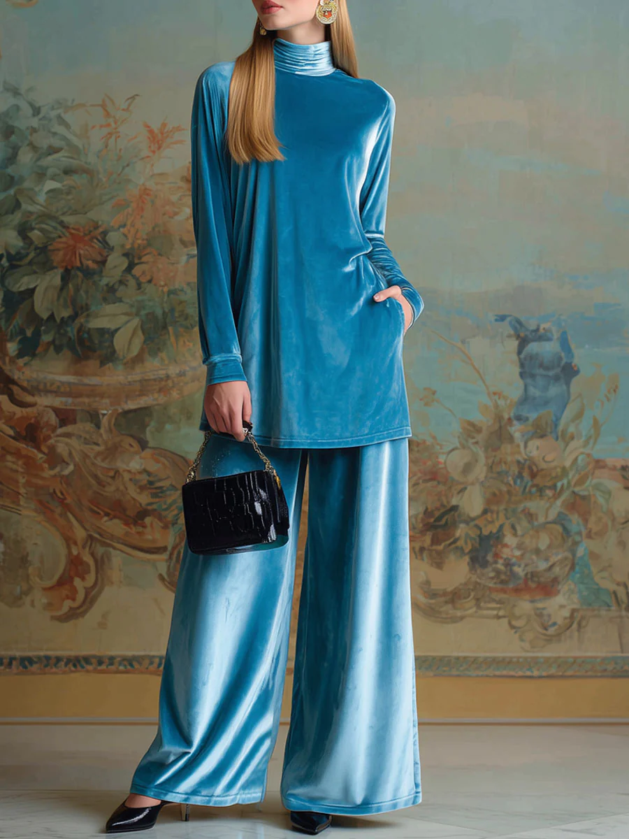 High-neck blue velvet loose casual set-thevervian