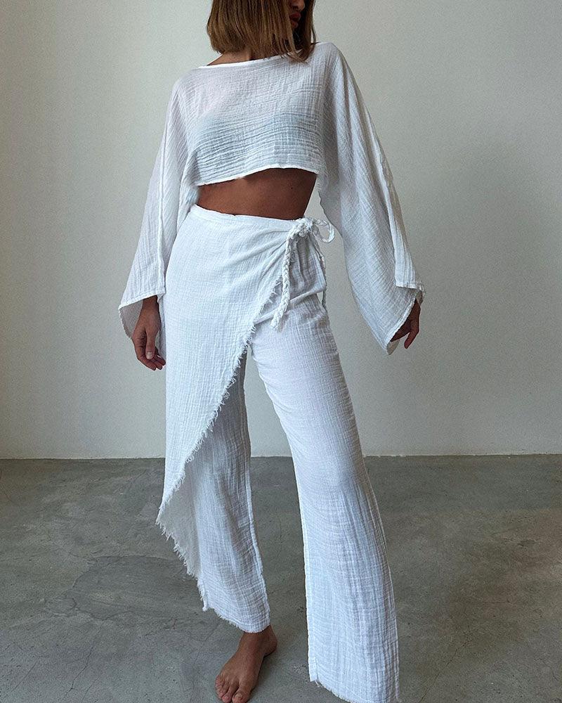 Woven lace-up cotton and linen two-piece set-thevervian