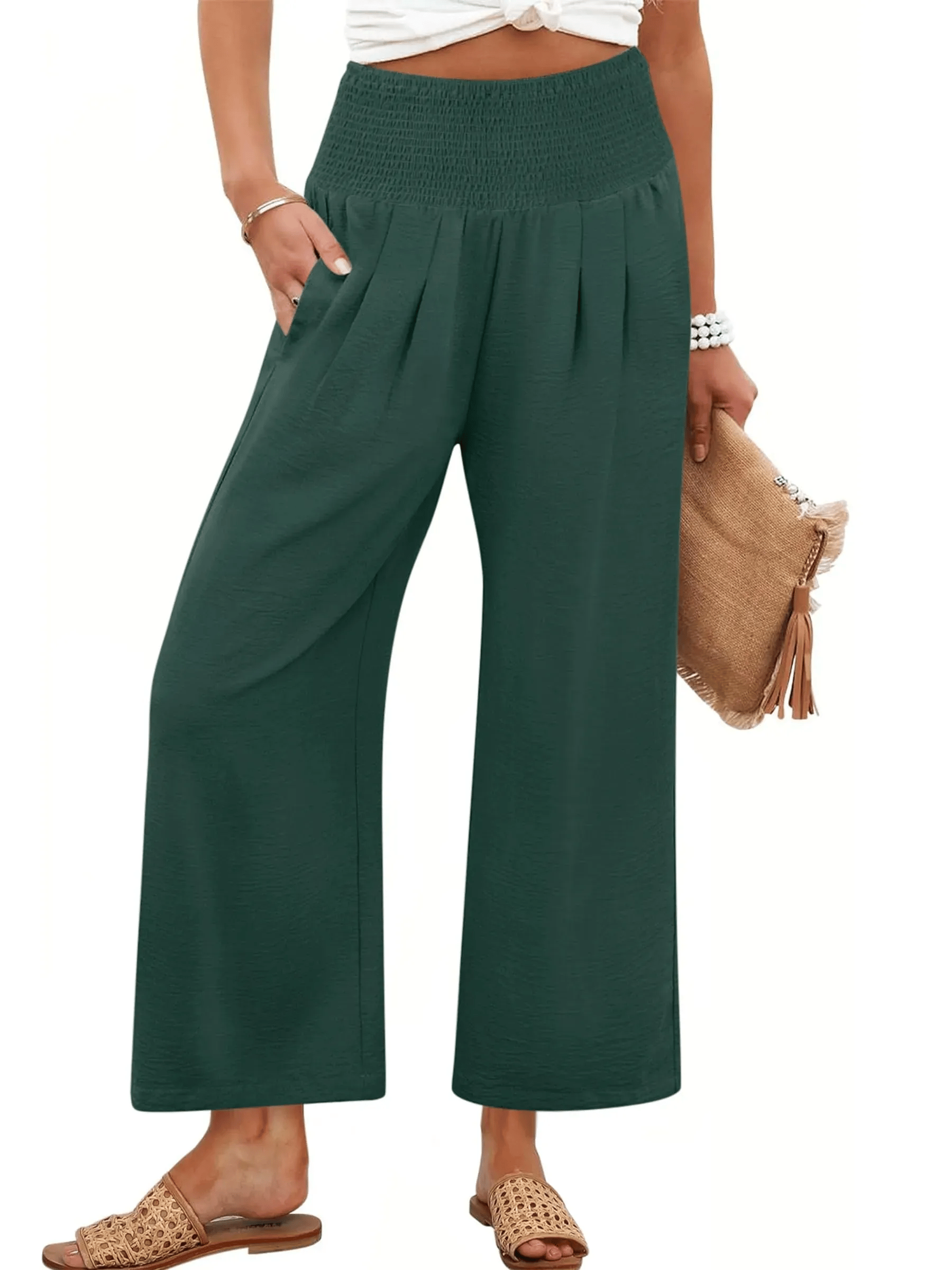 Women's Smocked Waist Wide Leg Palazzo Pants-thevervian