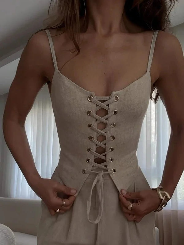 Linen Blend Tie Front Camisole Two-Piece Set-thevervian