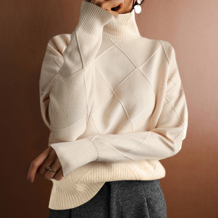 Turtleneck loose lozenge long-sleeved winter sweater-thevervian