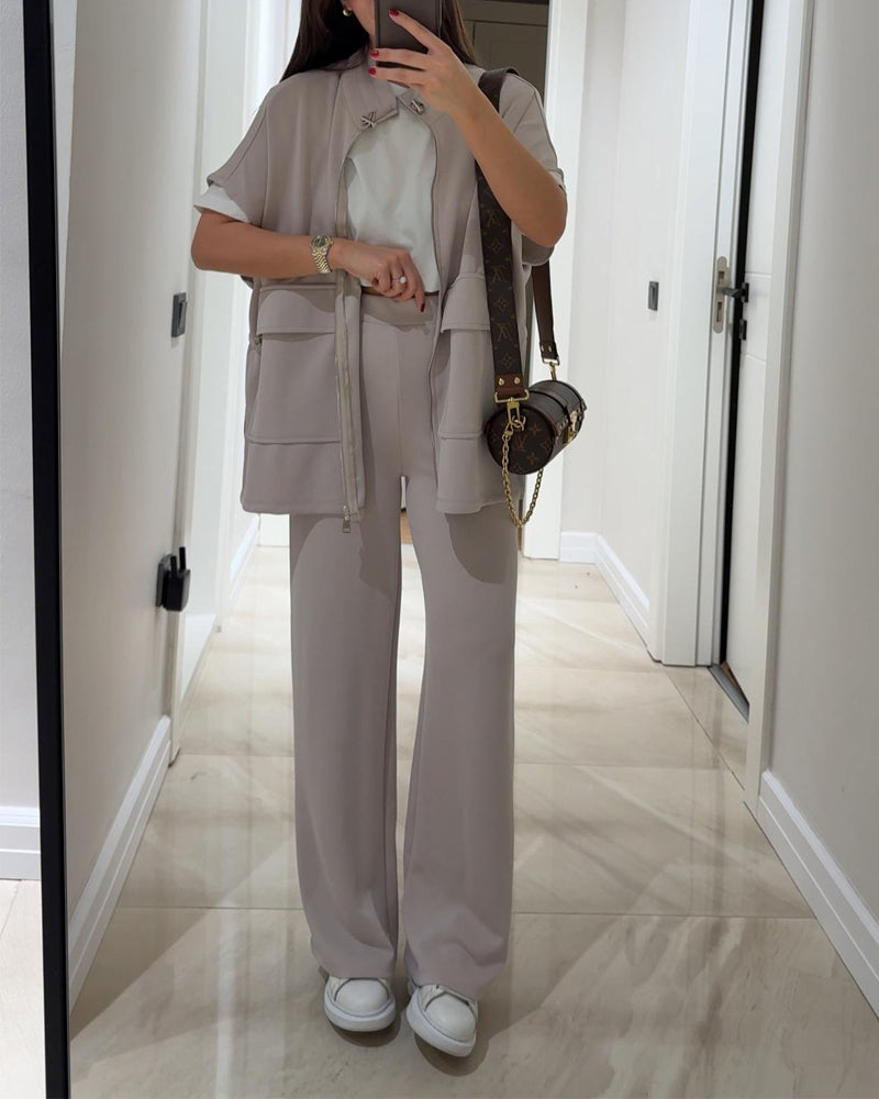 Casual Waist Stretch Detail Top & Pants Two-Piece Set-thevervian