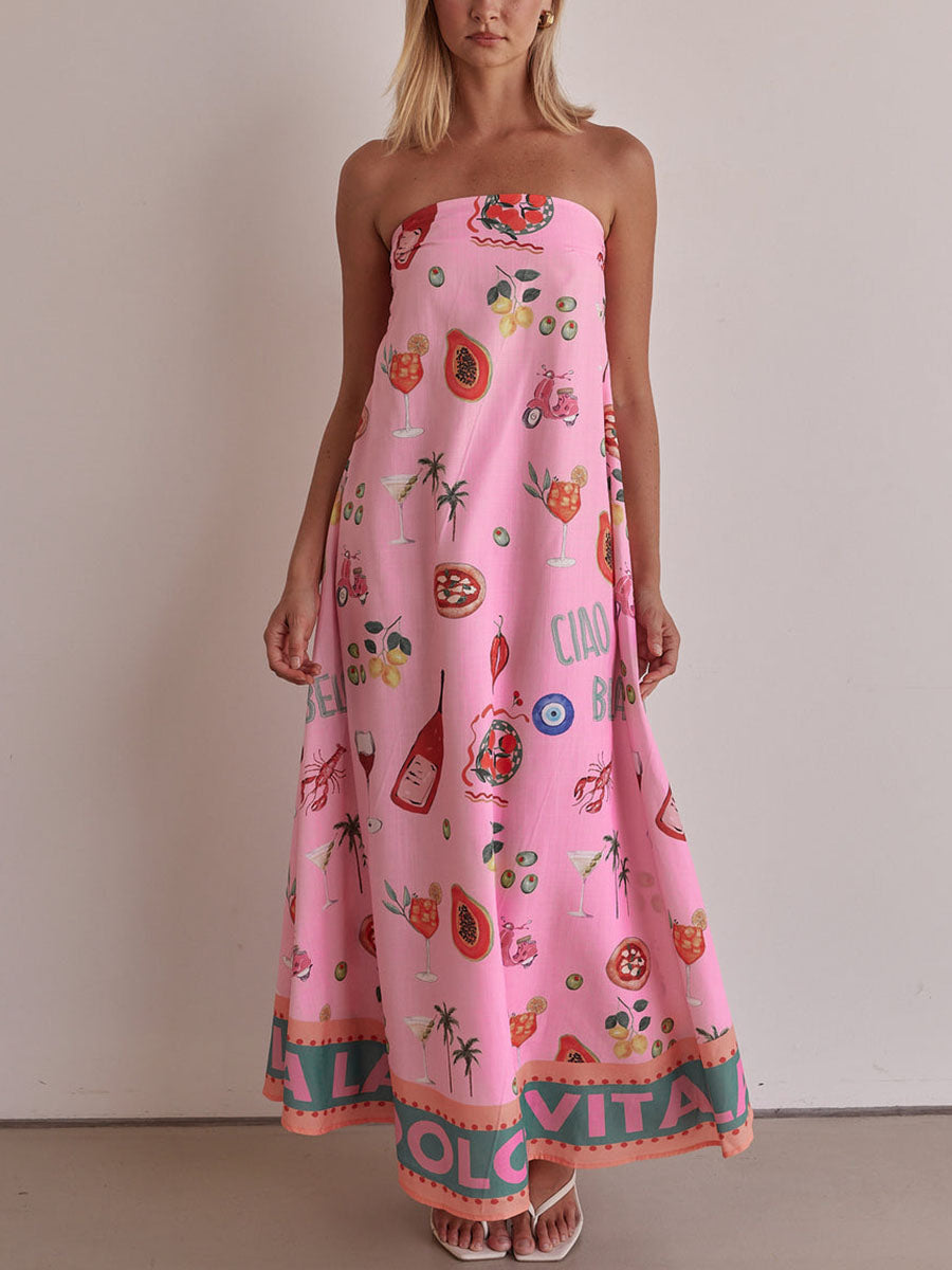 Pink tube top vacation print dress-thevervian