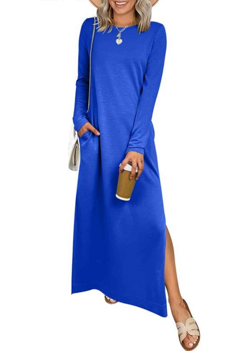 Women Casual Crewneck Loose Fit Split Flowy Wrinkle-Free Travel Vacation Maxi Dress