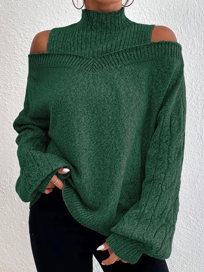 High Neck Cutout Off Shoulder Long Sleeve Loose Sweater-thevervian