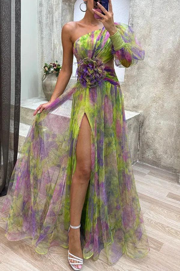 Picturesque Beauty Tulle Floral Pleated One Shoulder Sleeve Slit Maxi Dress-thevervian
