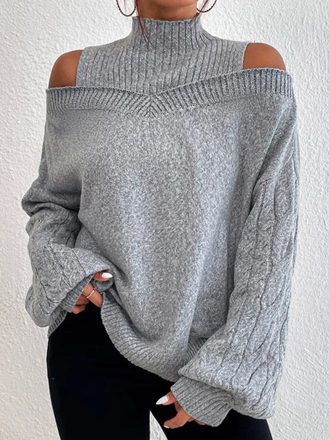 High Neck Cutout Off Shoulder Long Sleeve Loose Sweater-thevervian