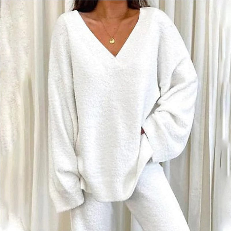 Comfortable Solid Color V-neck Daily  Two-piece Set-thevervian