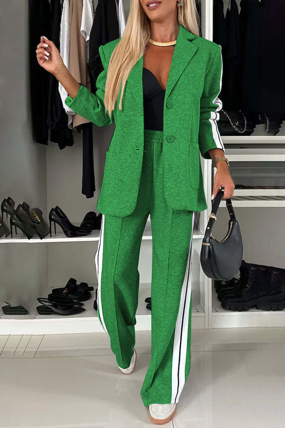 Contrast Lapel Collar Top and Pants Set-thevervian