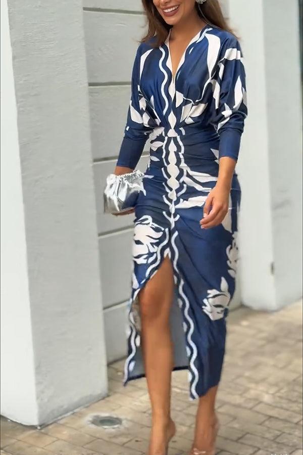 Unique Print Dolman Long Sleeve Ruched Slit Midi Dress-thevervian