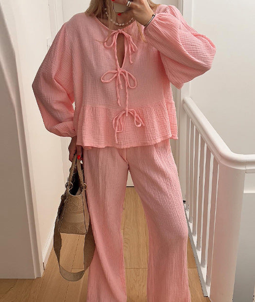 Casual Solid Color Lace-Up Top & Pants Two-Piece Set-thevervian