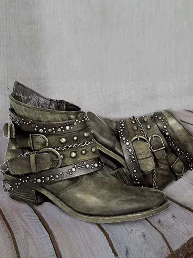 Vintage Washed Studded Buckles Ankle Boots-thevervian