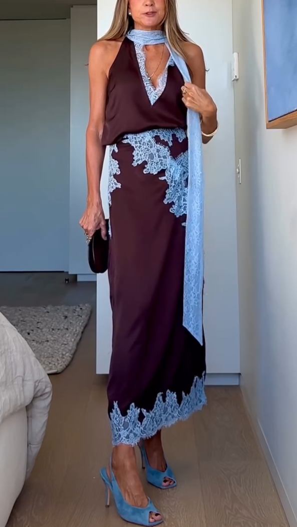 Elegant Brown and Blue Lace Panel Top + Skirt Suit Set-thevervian