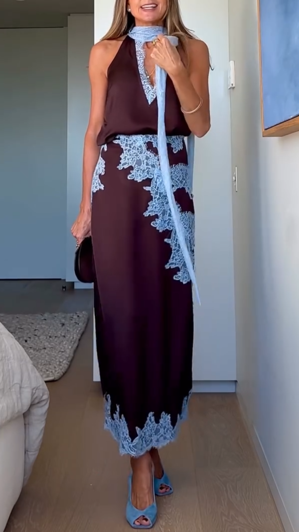 Elegant Brown and Blue Lace Panel Top + Skirt Suit Set-thevervian