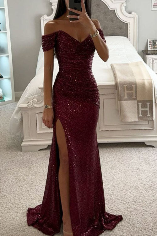 Party Sequin Off-Shoulder Slit Dress-thevervian