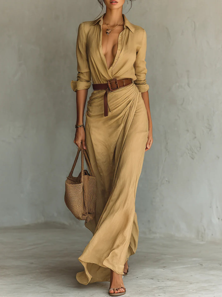 Ladies Lapel Long Sleeve Shirt Belted Maxi Dress-thevervian