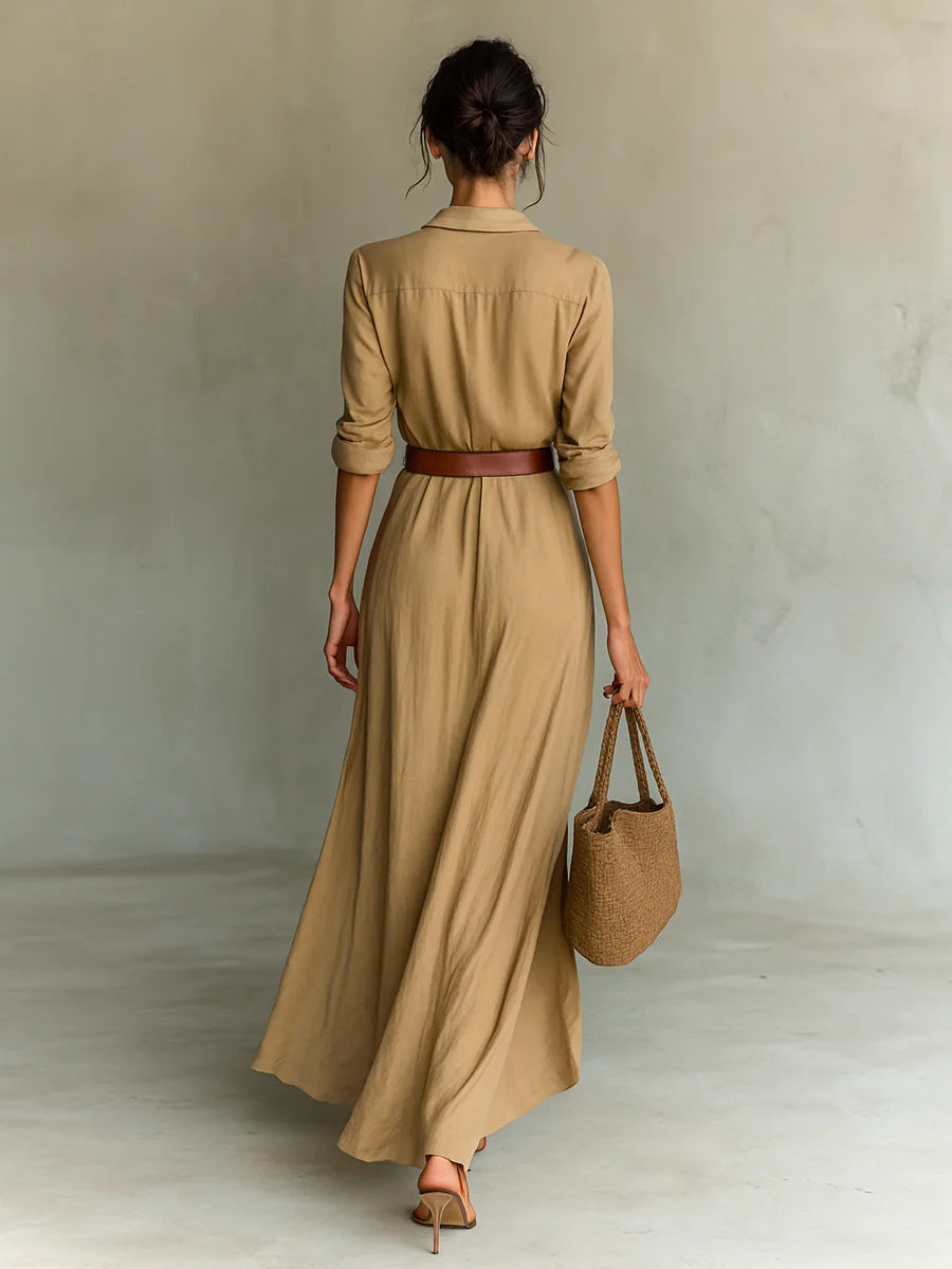 Ladies Lapel Long Sleeve Shirt Belted Maxi Dress-thevervian