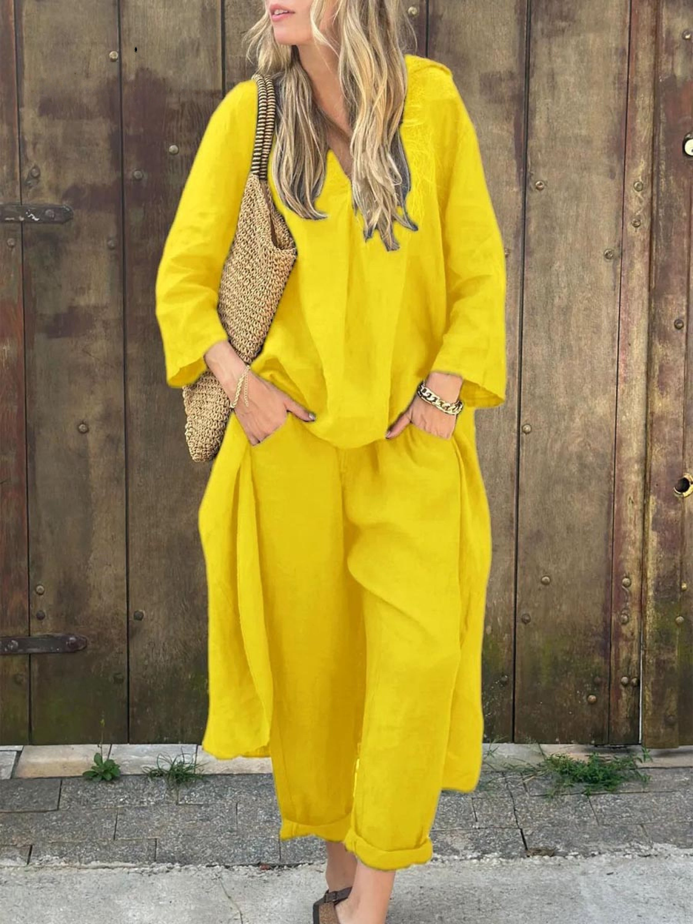 Linen Irregular Loose V-neck Top and High-Waisted Pocket Wide-leg Pants Set-thevervian