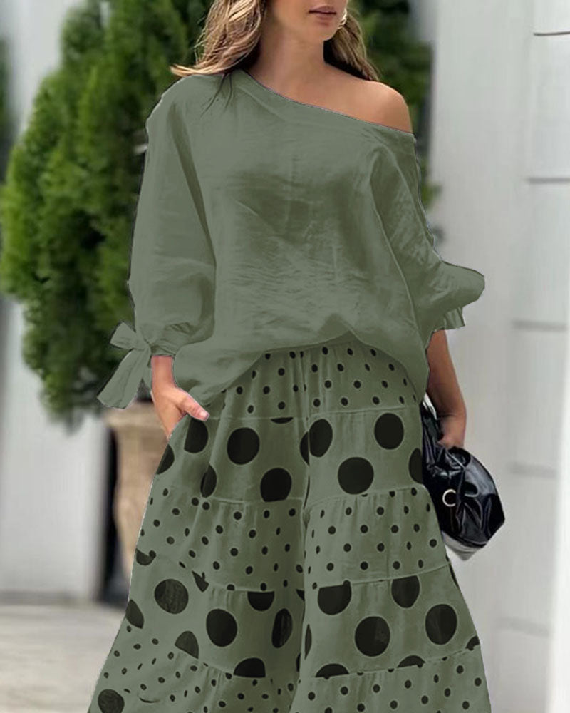 Casual Shoulder Top & Printed Pants Two-Piece Set-thevervian